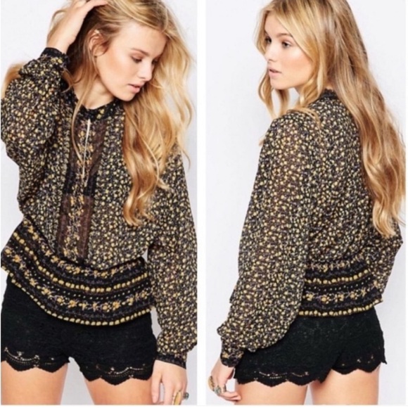 Free People Beaded Black and Yellow Poppy Elastic Blouse - Picture 2 of 7